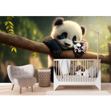 Ein Babyzimmer mit einer Fototapete mit einem Panda.