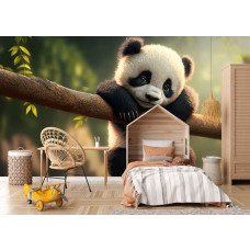 Ein Kinderzimmer mit einer niedlichen Fototapete für Kinder, mit einem Panda, der an einem Ast hängt, umgeben von einer waldreichen Kulisse.