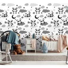 Eine Fototapete mit Pandabären zwischen Wolken für Babyzimmer.