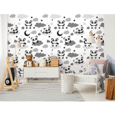 Eine Fototapete mit Pandabären zwischen Wolken für Kinderzimmer.