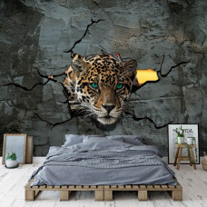 Eine Fototapete mit einem Panther hinter einer Betonwand mit 3D-Effekt, perfekt für ein abenteuerliches Kinderzimmer.