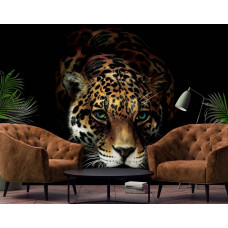 Eine Fototapete mit Bildern eines Panthers, Geparden, Tigers und Geparden in einer afrikanischen Naturkulisse.