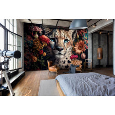 Eine Dschungel-Fototapete mit Leoparden und Blumen, geeignet für ein Schlafzimmer.