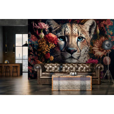 Eine Fototapete mit einem eleganten Design von Panthern und Blumen, ideal für ein Wohnzimmer.