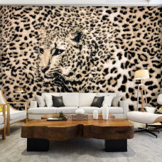 Eine Fototapete mit Pantherdruck und Leopardenmuster für das Wohnzimmer.
