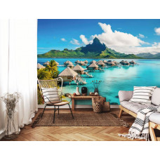 Eine Fototapete von einer paradiesischen Insel mit einem Strand und türkisfarbenem Wasser, geeignet für ein Wohnzimmer.