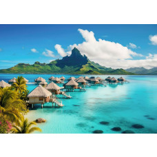 Fototapete von der paradiesischen Insel Bora Bora, mit Stränden und dem Meer, ideal für eine ruhige Umgebung.