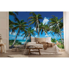 Fototapete mit paradiesischen Palmen an einem tropischen Strand in einem entspannenden Schlafzimmer.