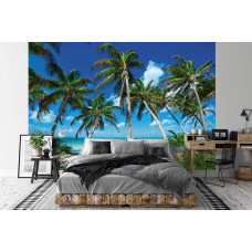 Fototapete mit paradiesischen Palmen an einem tropischen Strand im Vliestapetenstil für ein Schlafzimmer.