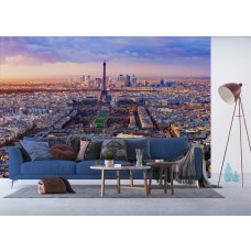 Ein stilvolles Wohnzimmer mit einer Fototapete eines Sonnenuntergangs in Paris mit dem Eiffelturm.