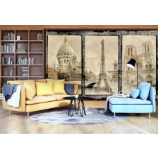 Eine Fototapete mit dem Eiffelturm in Paris im klassischen Vintage-Stil vor einem hellblauen Hintergrund.