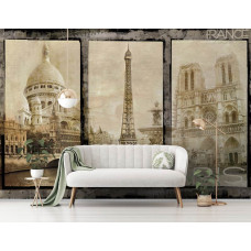 Eine Fototapete mit dem Eiffelturm in einer Pariser Szenerie mit Vintage-Farben in einem gemütlichen Wohnzimmer.