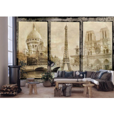 Eine Fototapete mit dem Eiffelturm in Paris im Vintage-Stil, platziert in einem stilvollen Wohnzimmer.