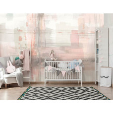 Fototapete mit pastellfarbener abstrakter Malerei im Babyzimmer.