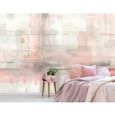 Fototapete mit pastellfarbener abstrakter Malerei im Schlafzimmer.