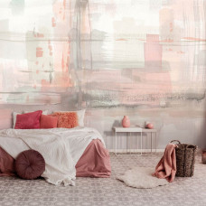 Fototapete mit pastellfarbener abstrakter Malerei auf Vliestapete im Schlafzimmer.