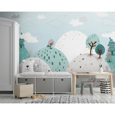 Fototapete mit pastellfarbenen Bergen für das Baby- und Jungenzimmer.