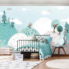 Fototapete mit pastellfarbenen Bergen für das Baby- und Jungenzimmer.
