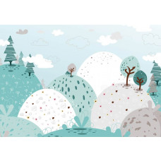 Fototapete mit pastellfarbenen Bergen, verspielte Farben für Babyzimmer.