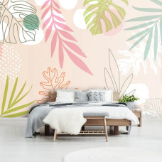 Eine Fototapete mit pastellfarbenen Blättern für das Schlafzimmer.