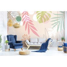 Eine Fototapete mit pastellfarbenen Blättern für das Wohnzimmer.