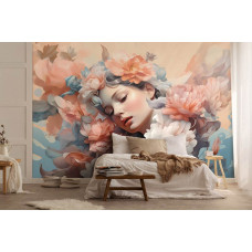 Eine Fototapete von pastellfarbener floraler Schönheit mit einer eleganten Frau in Malkunst im Schlafzimmer.