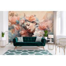 Eine Fototapete von pastellfarbener floraler Schönheit mit einer eleganten Frau in Malkunst auf Vliestapete im Wohnzimmer.