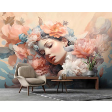 Eine Fototapete von pastellfarbener floraler Schönheit mit einer eleganten Frau in Malkunst im Wohnzimmer.