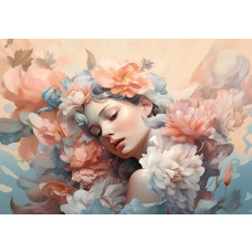 Pastellfarbene florale Schönheit mit einer eleganten Frau, attraktiv dargestellt auf einer künstlerischen Fototapete.