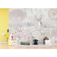 Eine magische Fototapete mit pastellfarbenen Waldtieren im Kinderzimmer, schafft eine fantasievolle und gemütliche Welt für Kinder.