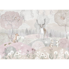 Fototapete mit einer zauberhaften Welt aus pastellfarbenen Waldtieren, perfekt für einen sanften und fantasievollen Look.