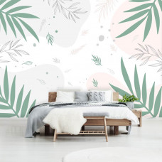 Eine kunstvolle Fototapete mit pastellfarbenen Blättern für Schlaf- und Wohnzimmer.