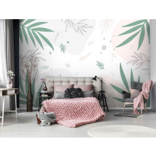 Eine kunstvolle Fototapete mit pastellfarbenen Blättern für Schlafzimmer.