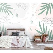 Eine kunstvolle Fototapete mit pastellfarbenen Blättern für Wohn- und Schlafzimmer.