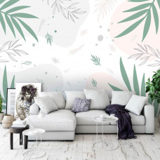 Eine kunstvolle Fototapete mit pastellfarbenen Blättern für Wohnzimmer.