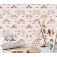 Fototapete mit Regenbögen in sanften Pastellfarben auf einem neutralen Hintergrund. Ein fröhlicher Akzent für ein Kinderzimmer.