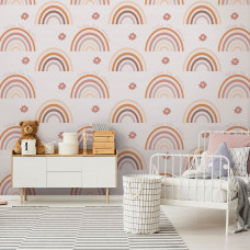 Fototapete mit Regenbögen in sanften Pastellfarben. Diese Fototapete bringt eine beruhigende Atmosphäre in ein Kinderzimmer für Mädchen.