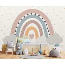 Fototapete mit einem pastellfarbenen Regenbogen auf hellem Hintergrund. Eine fröhliche Wahl für ein Kinderzimmer.