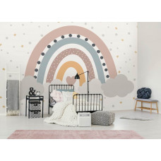 Fototapete mit einem pastellfarbenen Regenbogen. Diese Fototapete verleiht einem Kinderzimmer für ein Mädchen eine sanfte und fröhliche Atmosphäre.