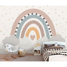 Fototapete mit einem pastellfarbenen Regenbogen in sanften Tönen. Ideal für einen beruhigenden Look in einem Mädchenzimmer.