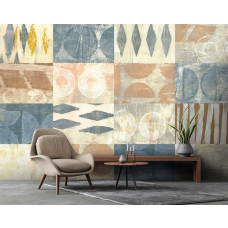 Fototapete mit pastellfarbenen Fliesen in einem böhmischen Design mit geometrischen Mustern und sanften Farben. Diese Fototapete ist in einem Geschäftsraum zu sehen.