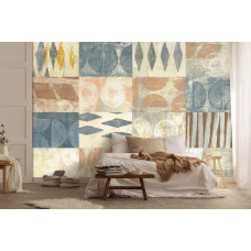 Fototapete mit pastellfarbenen Fliesen in einem böhmischen Design mit geometrischen Mustern und sanften Farben. Diese Fototapete ist in einem Schlafzimmer zu sehen.