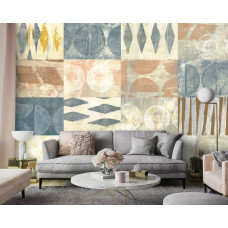 Fototapete mit pastellfarbenen Fliesen in einem böhmischen Design mit geometrischen Mustern und sanften Farben. Diese Fototapete ist in einem Wohnzimmer zu sehen.
