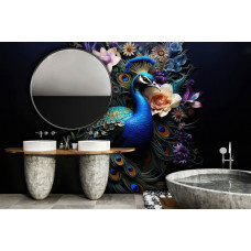 Fototapete eines Pfaus mit Blumen in einem stilvollen Badezimmer.