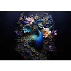 Fototapete eines Pfaus und bunter Blumen auf tiefschwarzem Hintergrund.