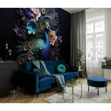 Fototapete eines Pfaus mit Blumenpracht in einem zauberhaften Wohnzimmer.
