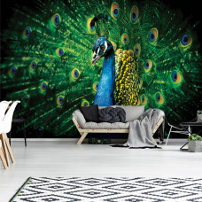 Eine Fototapete von einem grünen Pfau im Wohnzimmer.
