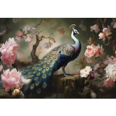 Fototapete mit einem Pfau inmitten einer verträumten Blumenlandschaft, in der der Pfau schön hervorsticht.