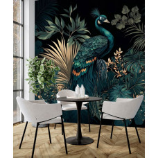 Fototapete mit Pfau in mystischer tropischer Atmosphäre als luxuriöse Akzentwand in der Küche.