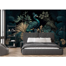 Dunkle botanische Fototapete mit Pfau im ruhigen Schlafzimmer.